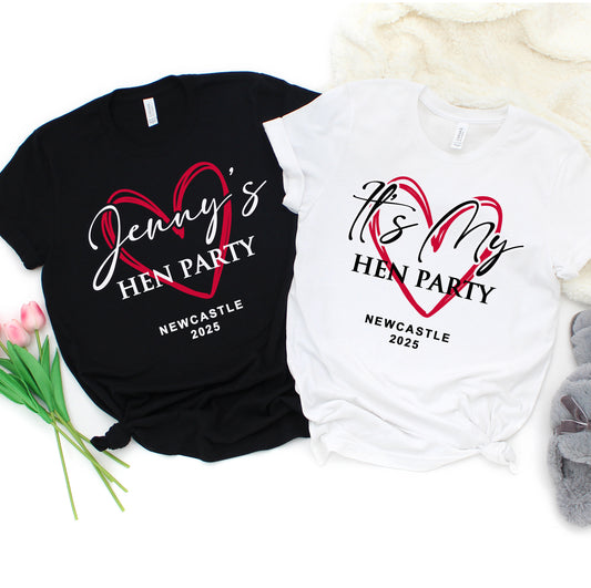 Personalised Hen Party T shirts, Bridal Party Shirts with heart