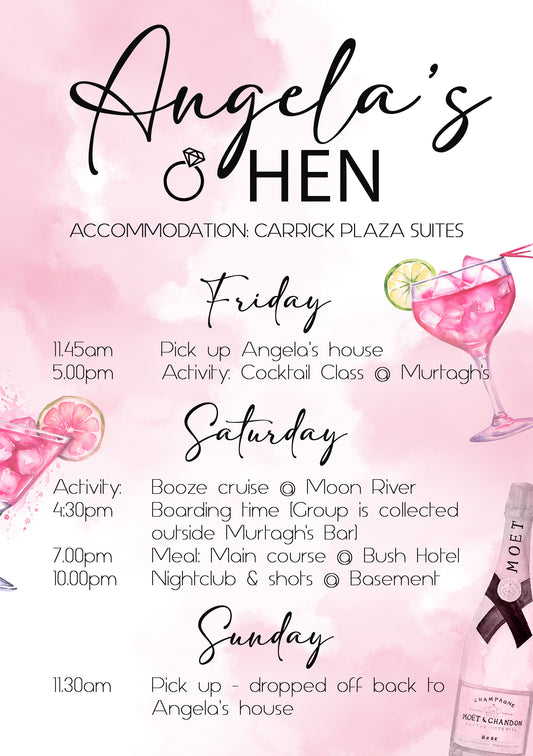 Hen Party Itinerary card - Pink